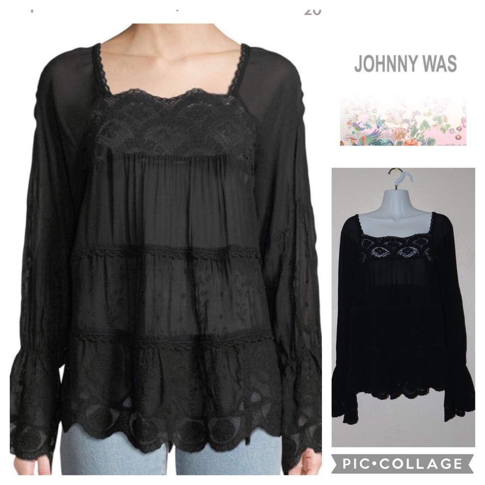 Johnny Was alora lace trim tiered blouse